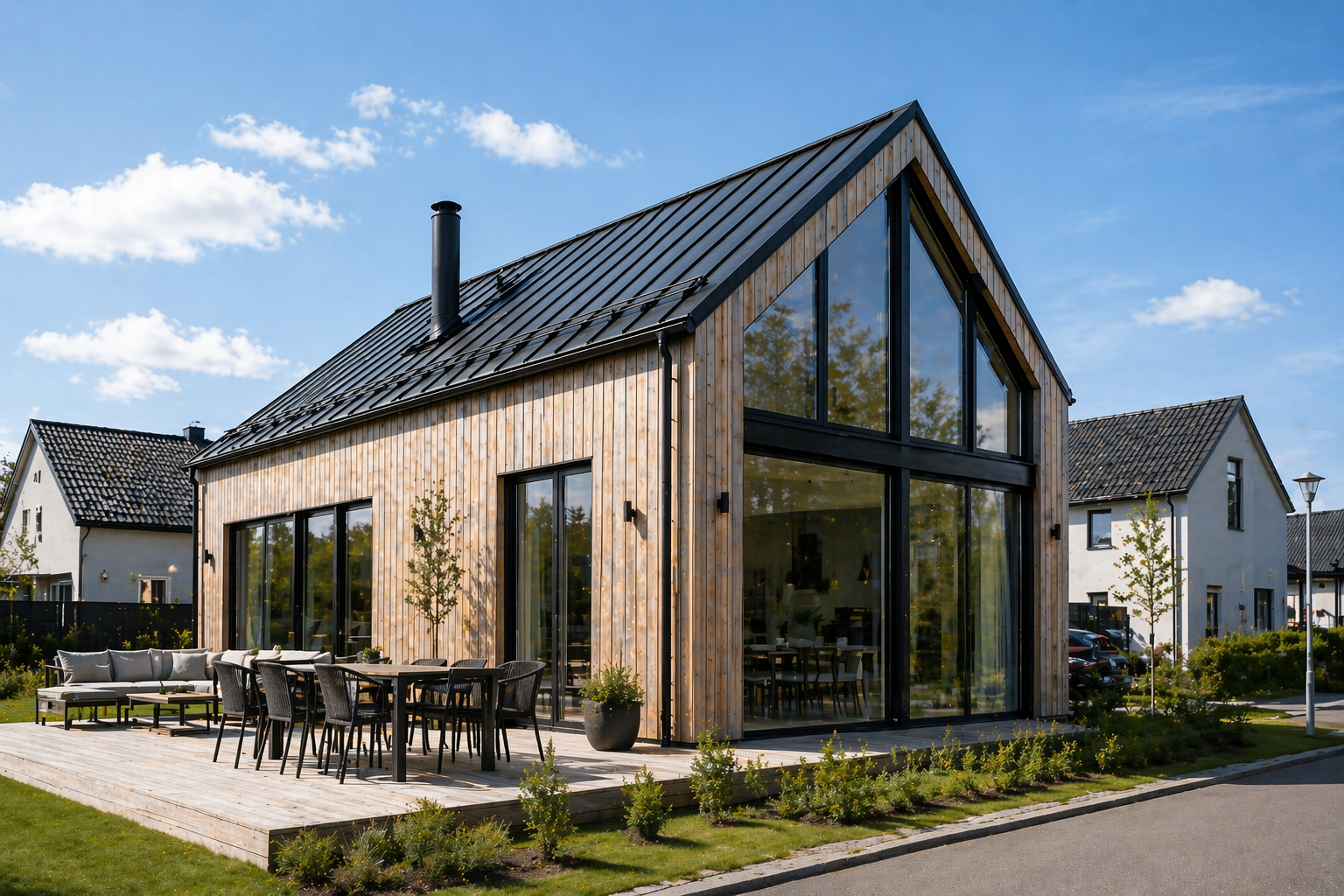 Arkitektritad villa med stora fönsterpartier